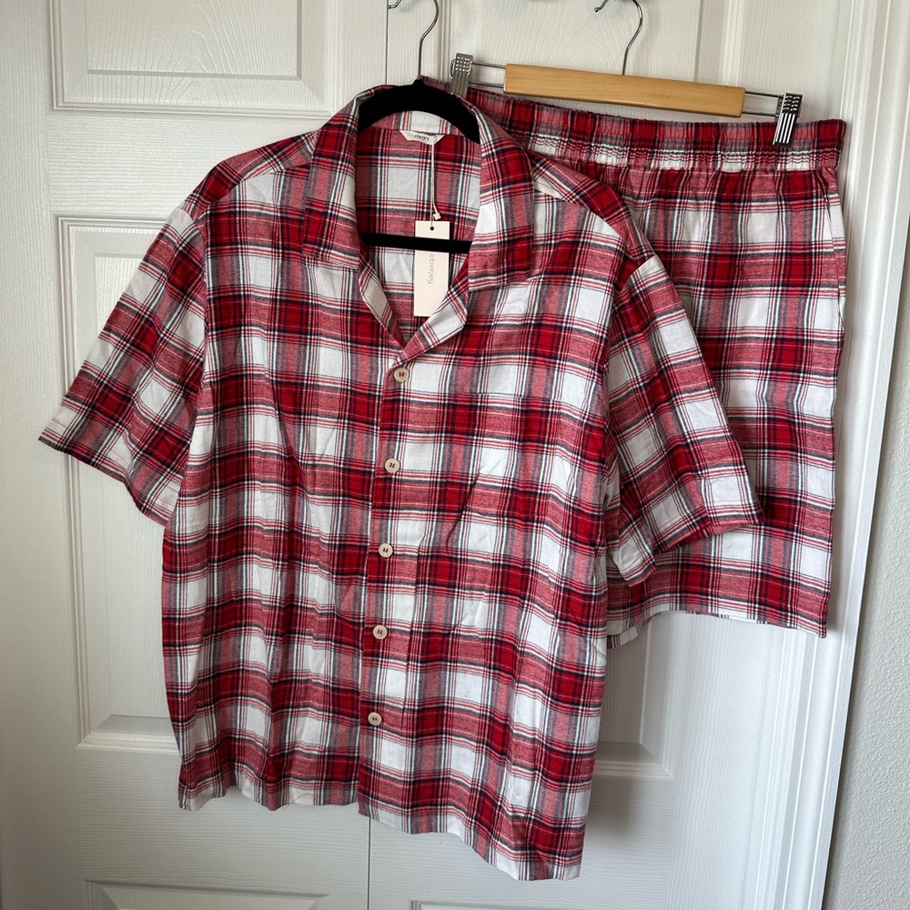 Eberjey Flannel Short PJ Set - Tartan Plaid Haute Red Ivory Sz.L